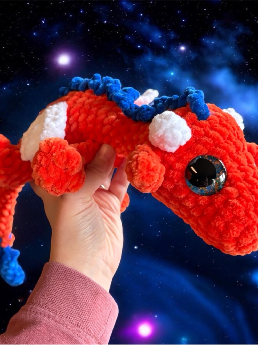 Handmade Crochet Dragon with Hand painted eyes-13”